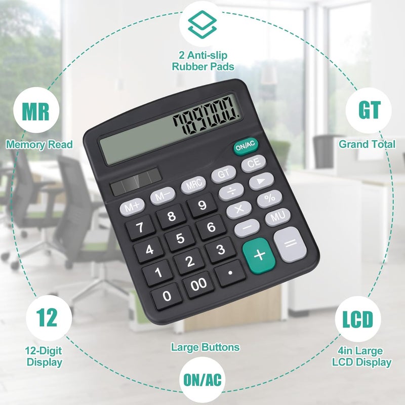 HUTUDD Desktop Calculator, Black Calculator Big Buttons, 12-Digits Large LCD Display, Solar and AA Battery Dual Power, Desk Calculators for Office Home School Business Class (Black) - Image 4